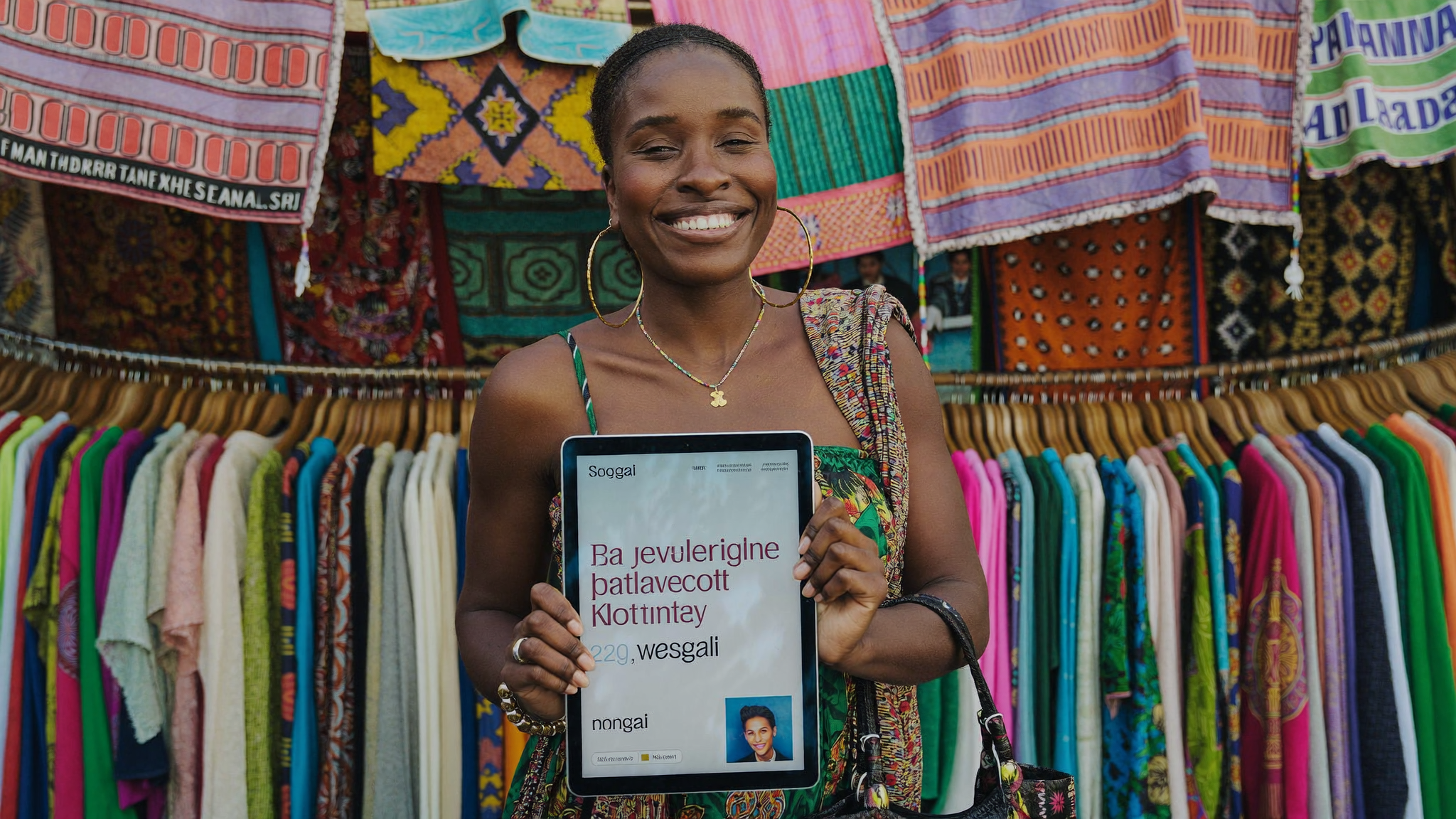 Rwandan market vendor showing website on tablet