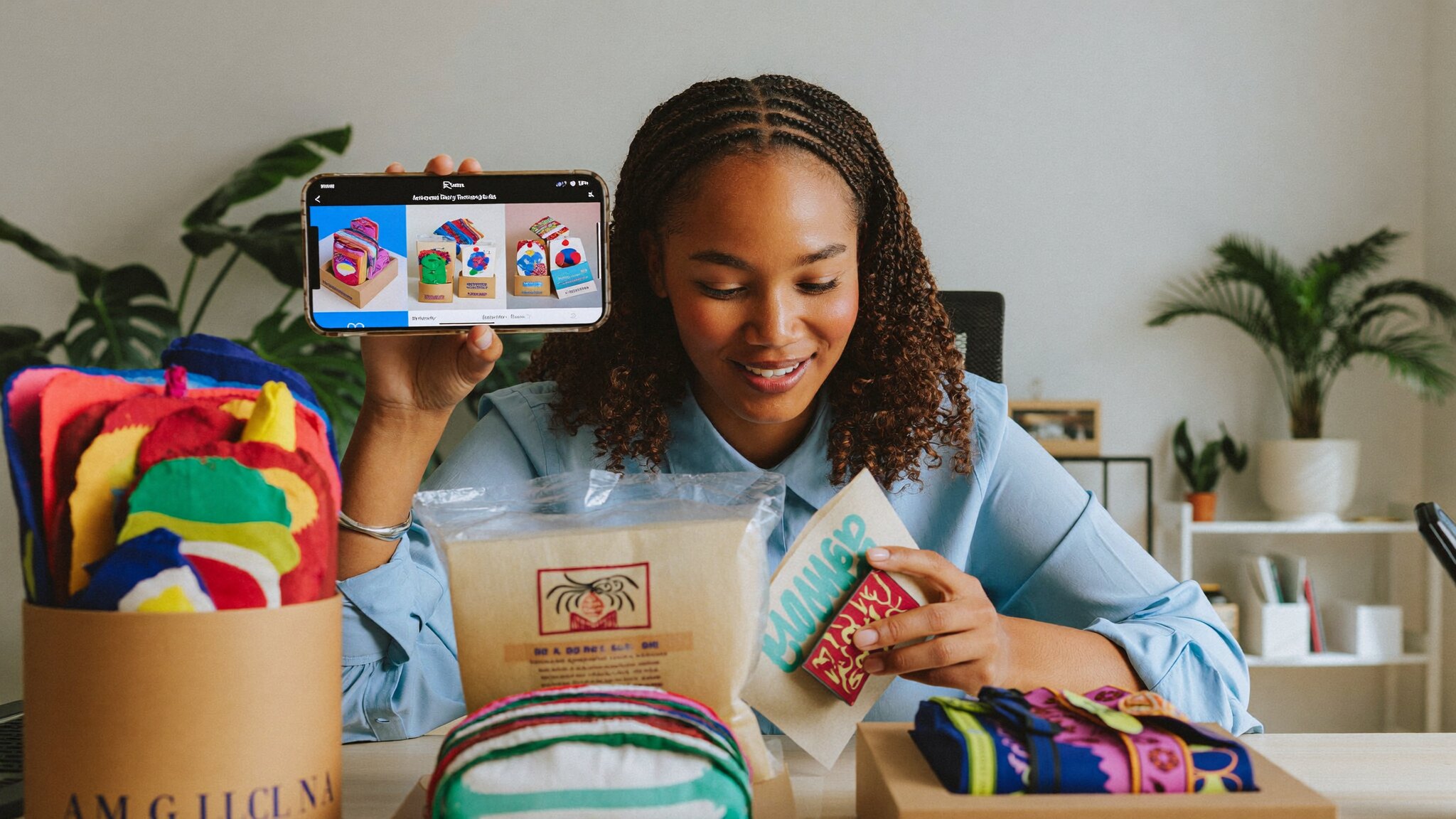 Young Rwandan female entrepreneur packaging online orders with an e-commerce store open on her phone in a bright Kigali home office