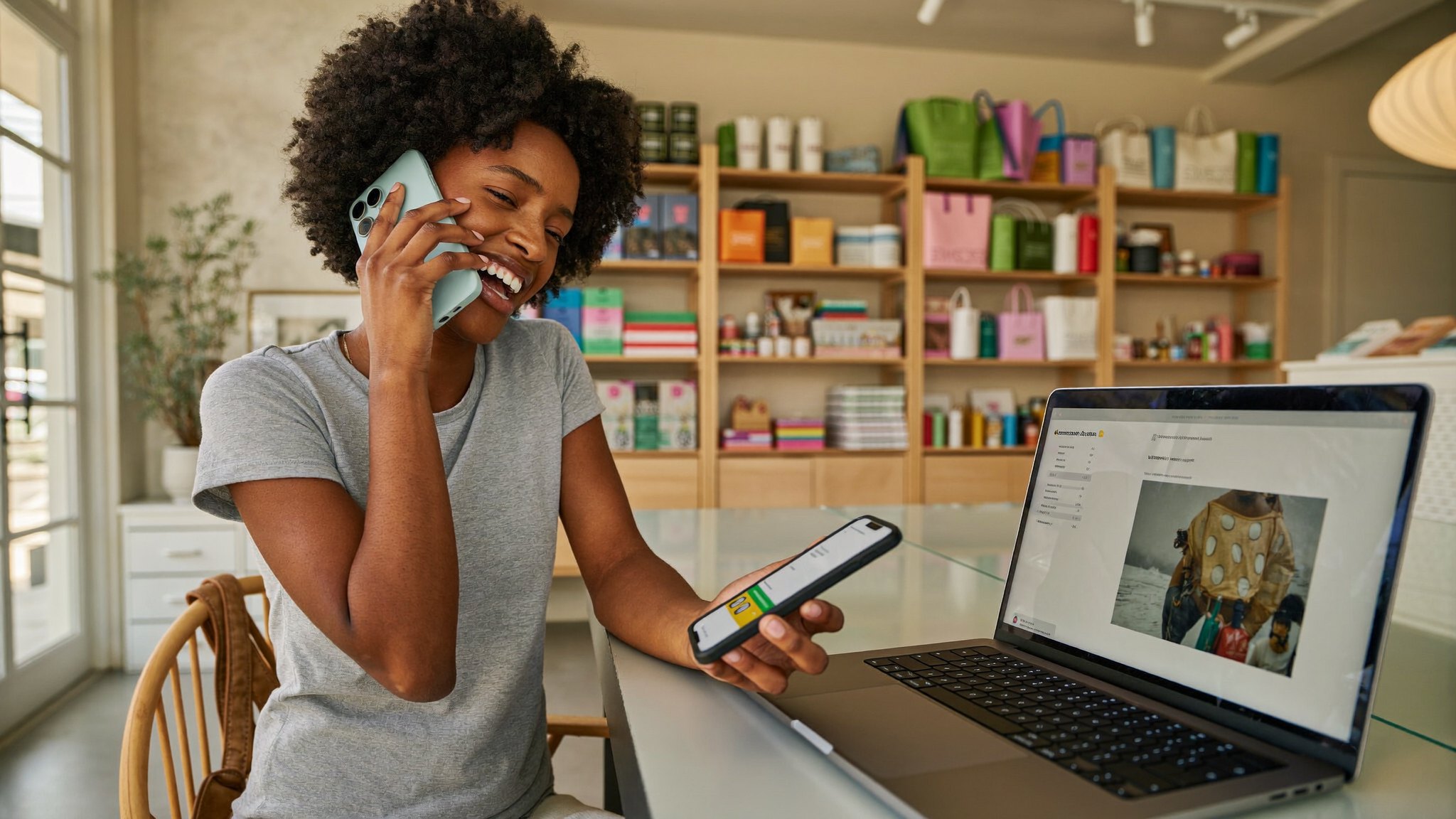 Young Rwandan female shop owner smiling while completing a mobile money payment on her smartphone next to a laptop showing her online store checkout in a bright Kigali boutique