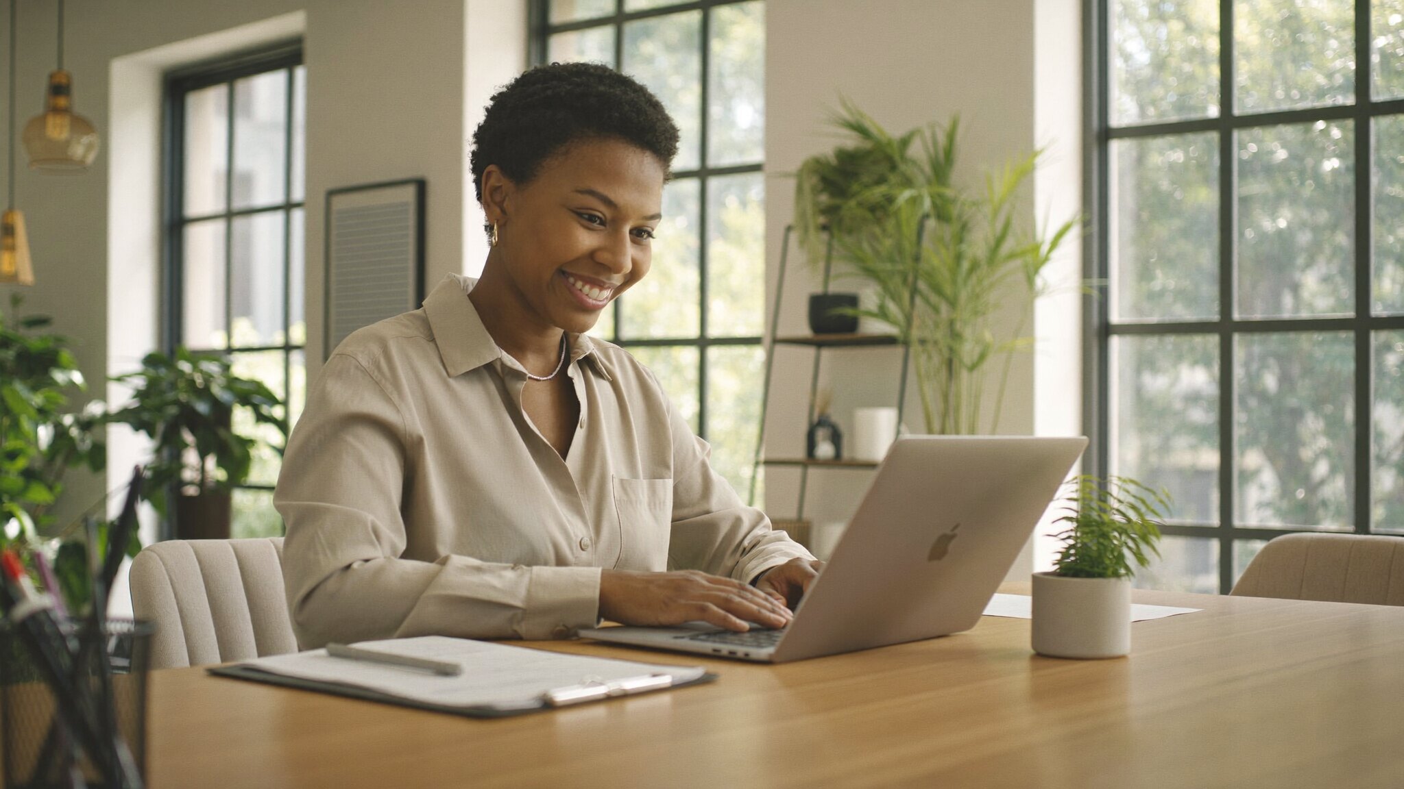 Rwandan female entrepreneur reviewing Google search results on her laptop in a Kigali office