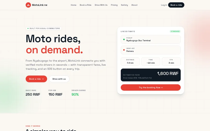 MotoLink moto ride booking app website design Kigali Rwanda — Frame Africana